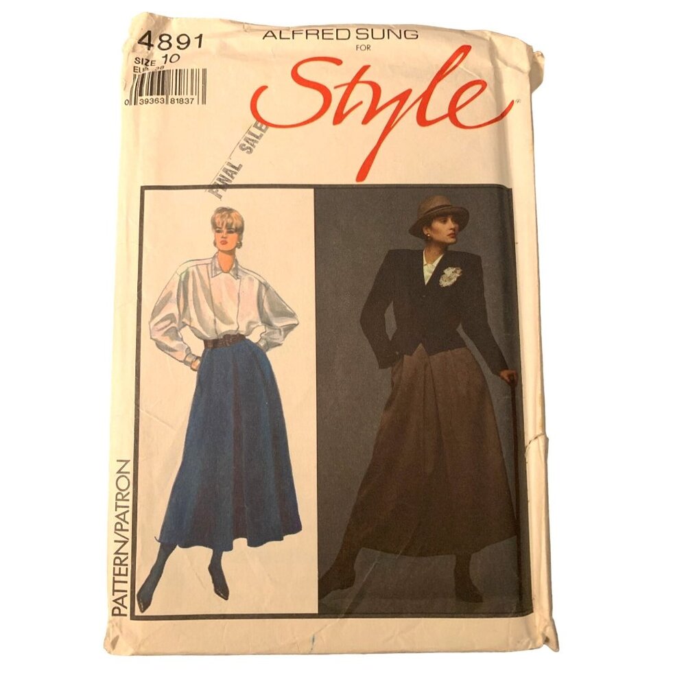 Alfred Sung Style 4891 Pattern Womens Jacket Shirt Skirt Size 10 uncut 1980s